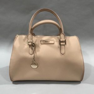 New DKNY large beige leather satchel bag with crossbody strap, gold trim